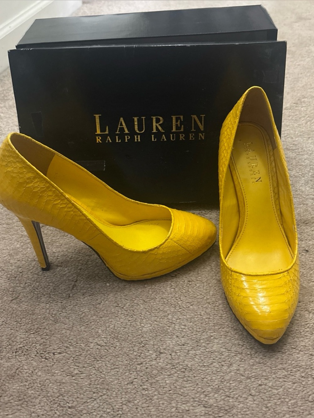 Ralph Lauren Yellow Leather Snakeskin “Kailee” Heels In Original Box Size 8